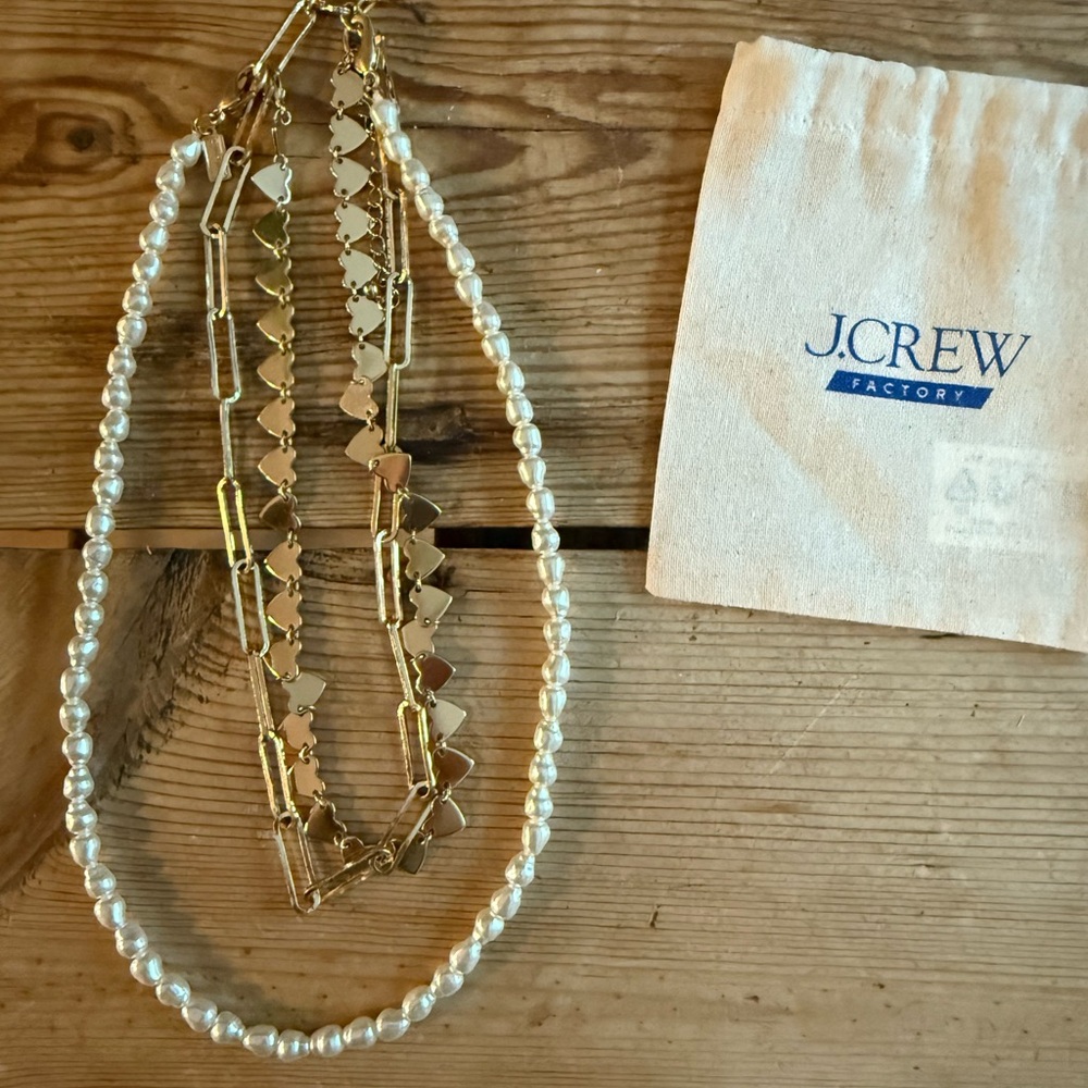 J. Crew 3-in-1 Paper Clip, Pearl and Gold Heart Necklace